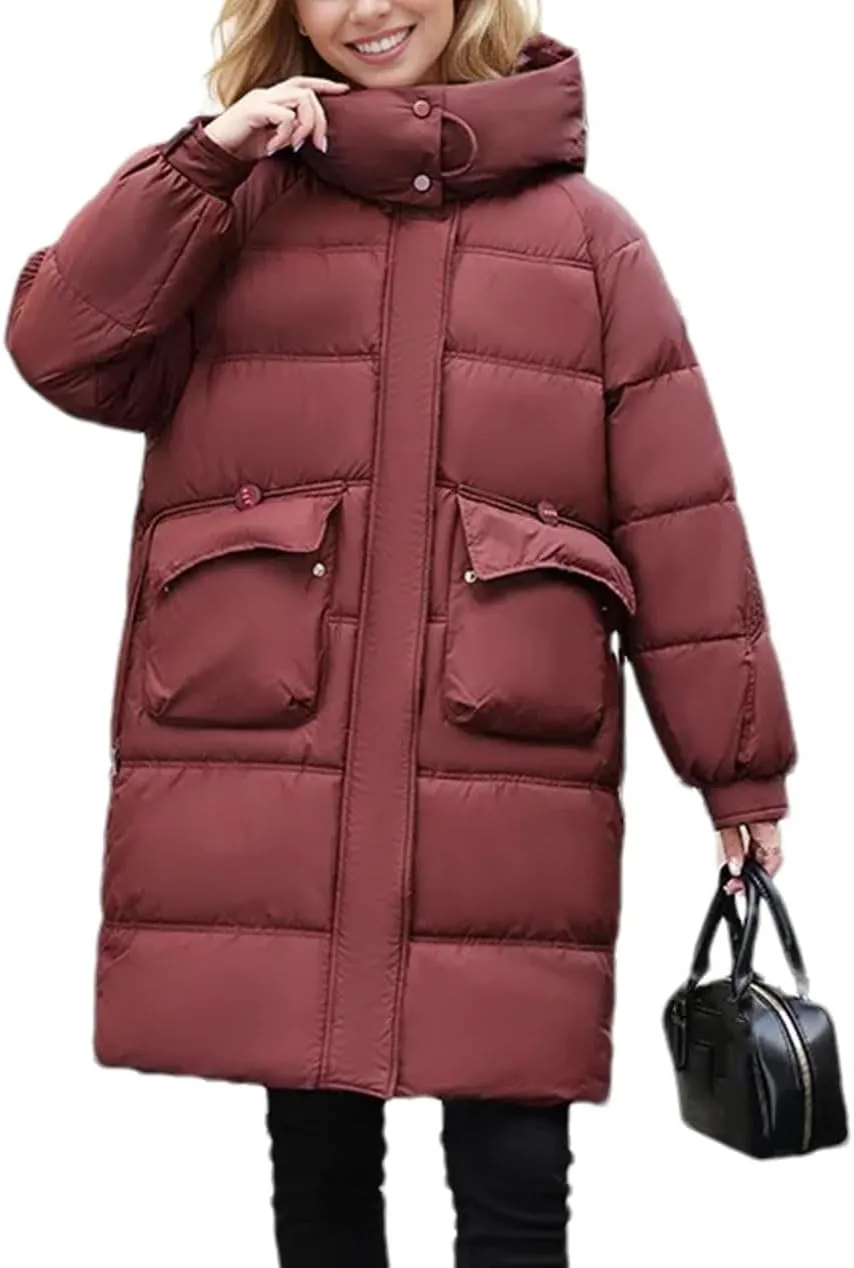 Women's Zipper Drawstring Waist Parkas Coats Vintage Warm Hooded Stand Collar Cotton-Padded Jacket