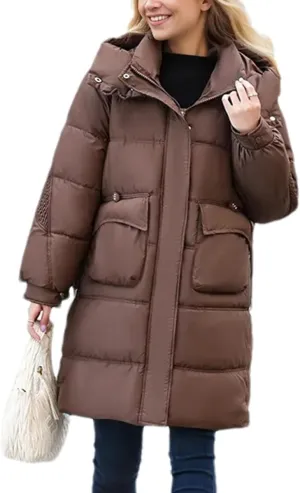 Women's Zipper Drawstring Waist Parkas Coats Vintage Warm Hooded Stand Collar Cotton-Padded Jacket