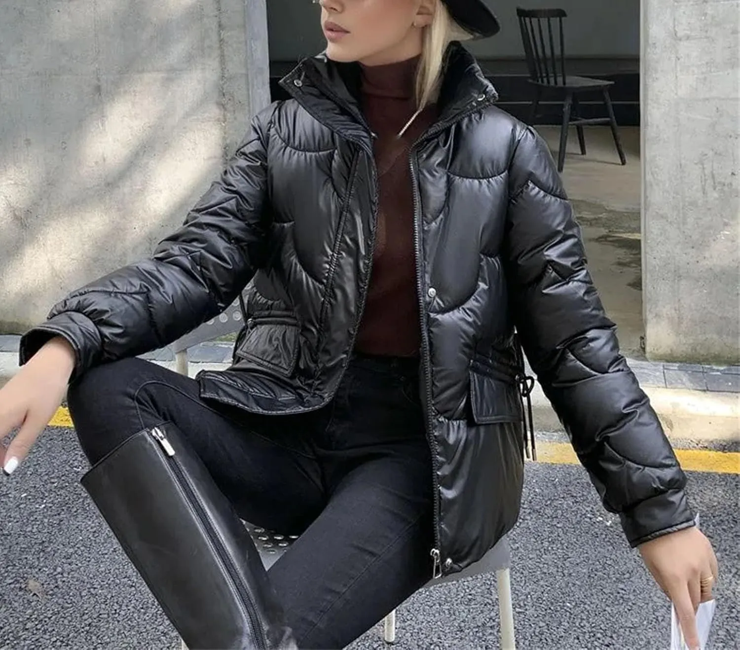 Women's Zipper Glossy Short Parkas Coats Vintage Lace-Up Pockets Cotton-Padded Jacket