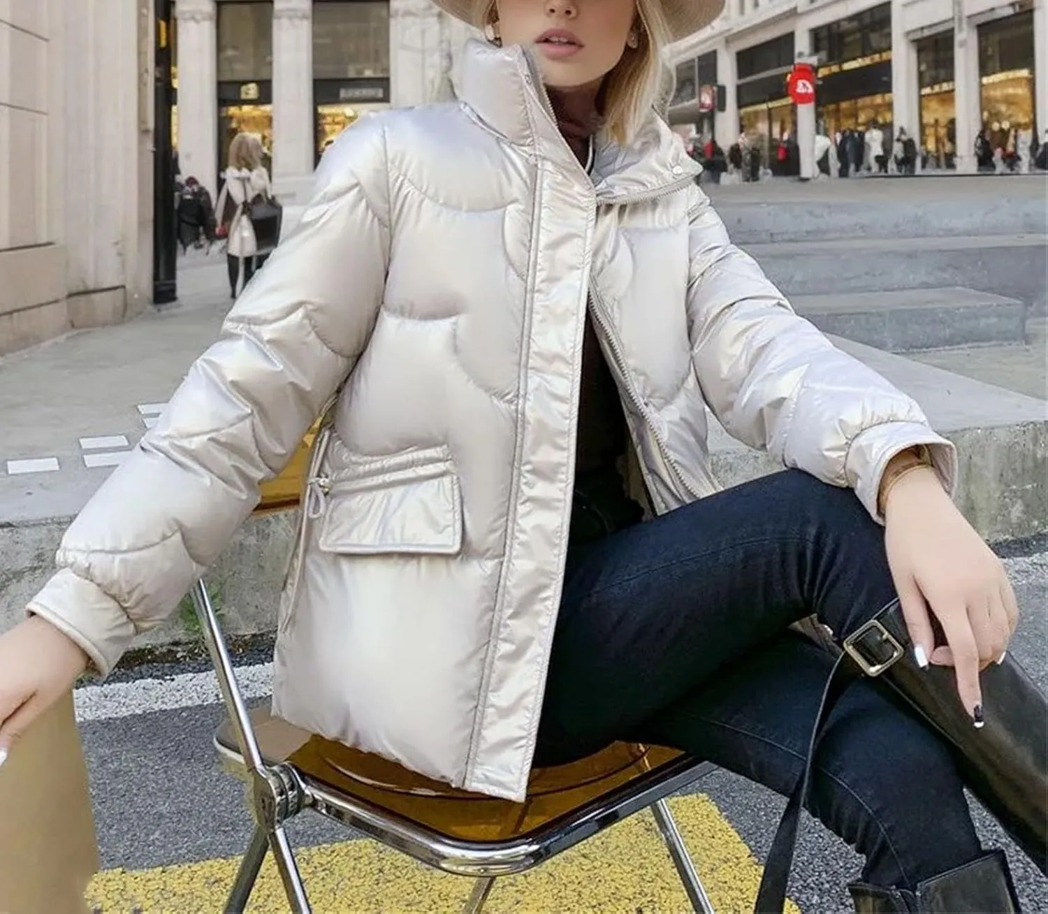 Women's Zipper Glossy Short Parkas Coats Vintage Lace-Up Pockets Cotton-Padded Jacket