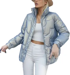 Women's Zipper Glossy Short Parkas Coats Vintage Lace-Up Pockets Cotton-Padded Jacket