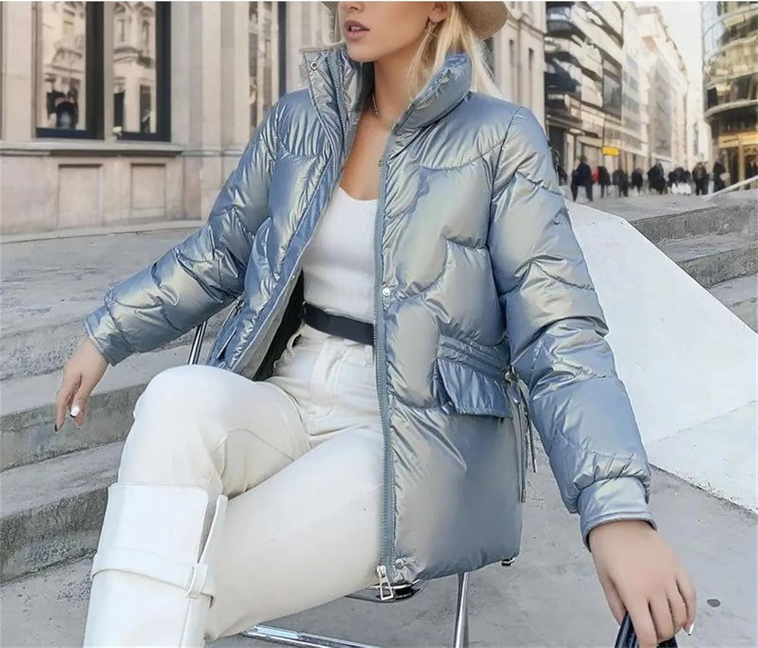 Women's Zipper Glossy Short Parkas Coats Vintage Lace-Up Pockets Cotton-Padded Jacket