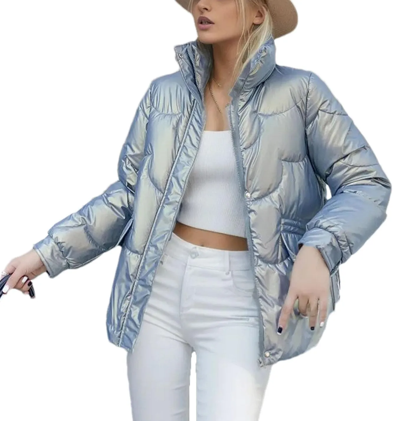 Women's Zipper Glossy Short Parkas Coats Vintage Lace-Up Pockets Cotton-Padded Jacket