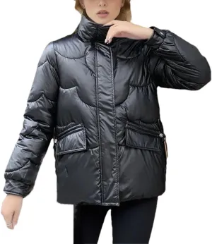 Women's Zipper Glossy Short Parkas Coats Vintage Lace-Up Pockets Cotton-Padded Jacket