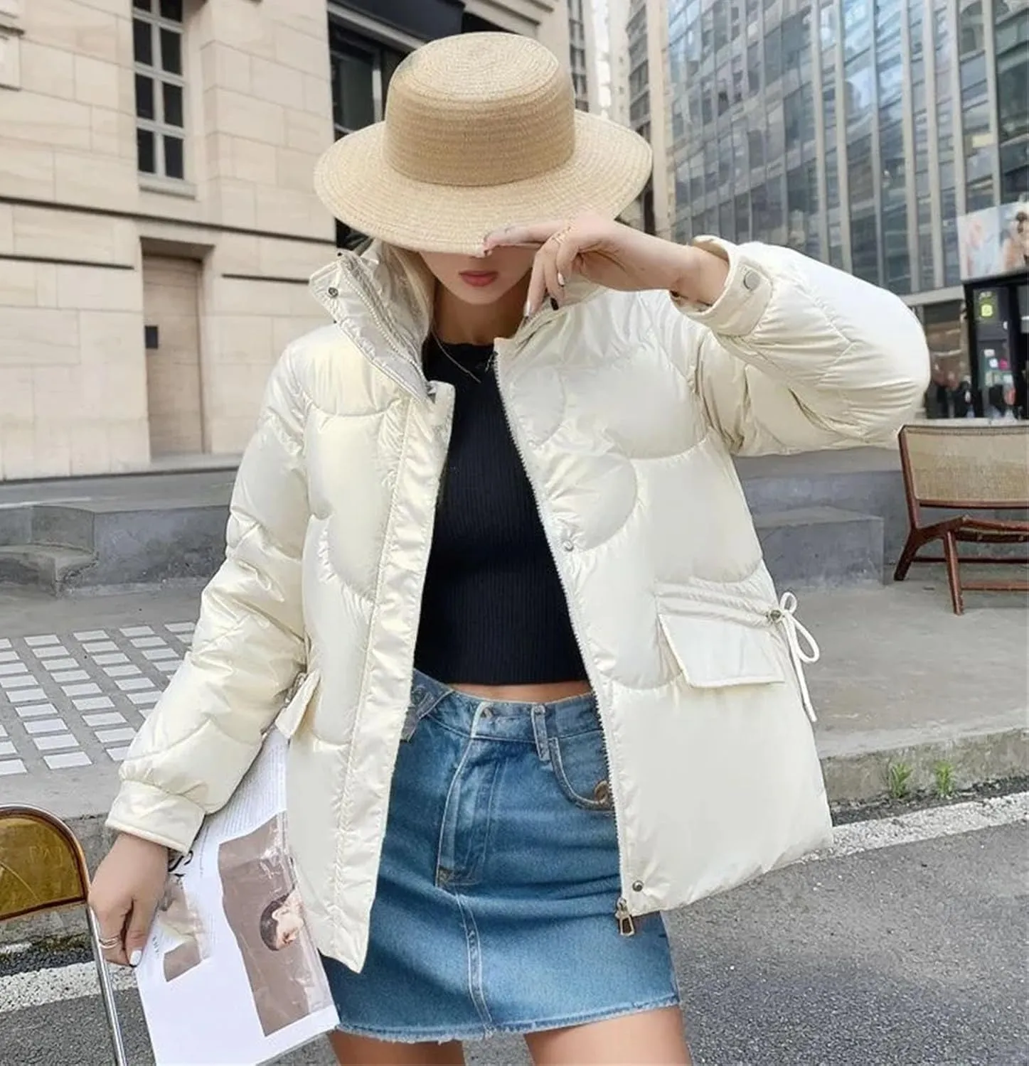 Women's Zipper Glossy Short Parkas Coats Vintage Lace-Up Pockets Cotton-Padded Jacket