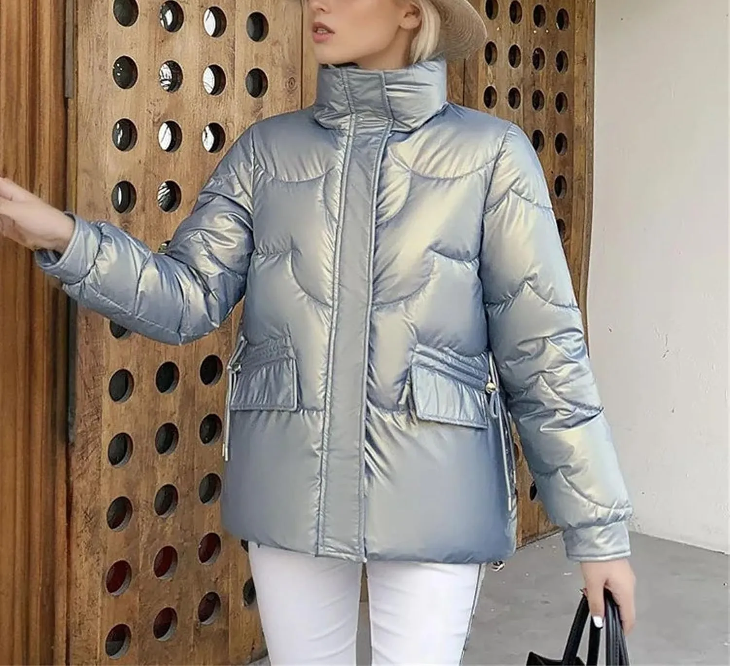 Women's Zipper Glossy Short Parkas Coats Vintage Lace-Up Pockets Cotton-Padded Jacket
