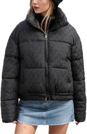 Women's Zipper Stripes Short Parkas Coats Vintage Stand Collar Quilting Cotton-Padded Jacket