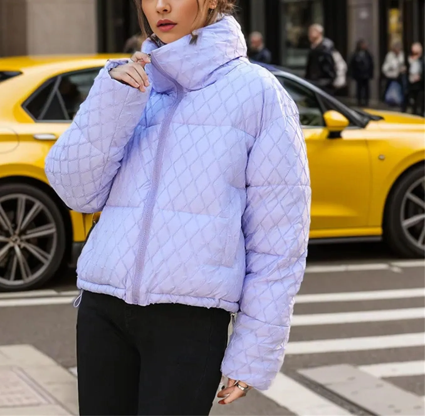 Women's Zipper Stripes Short Parkas Coats Vintage Stand Collar Quilting Cotton-Padded Jacket