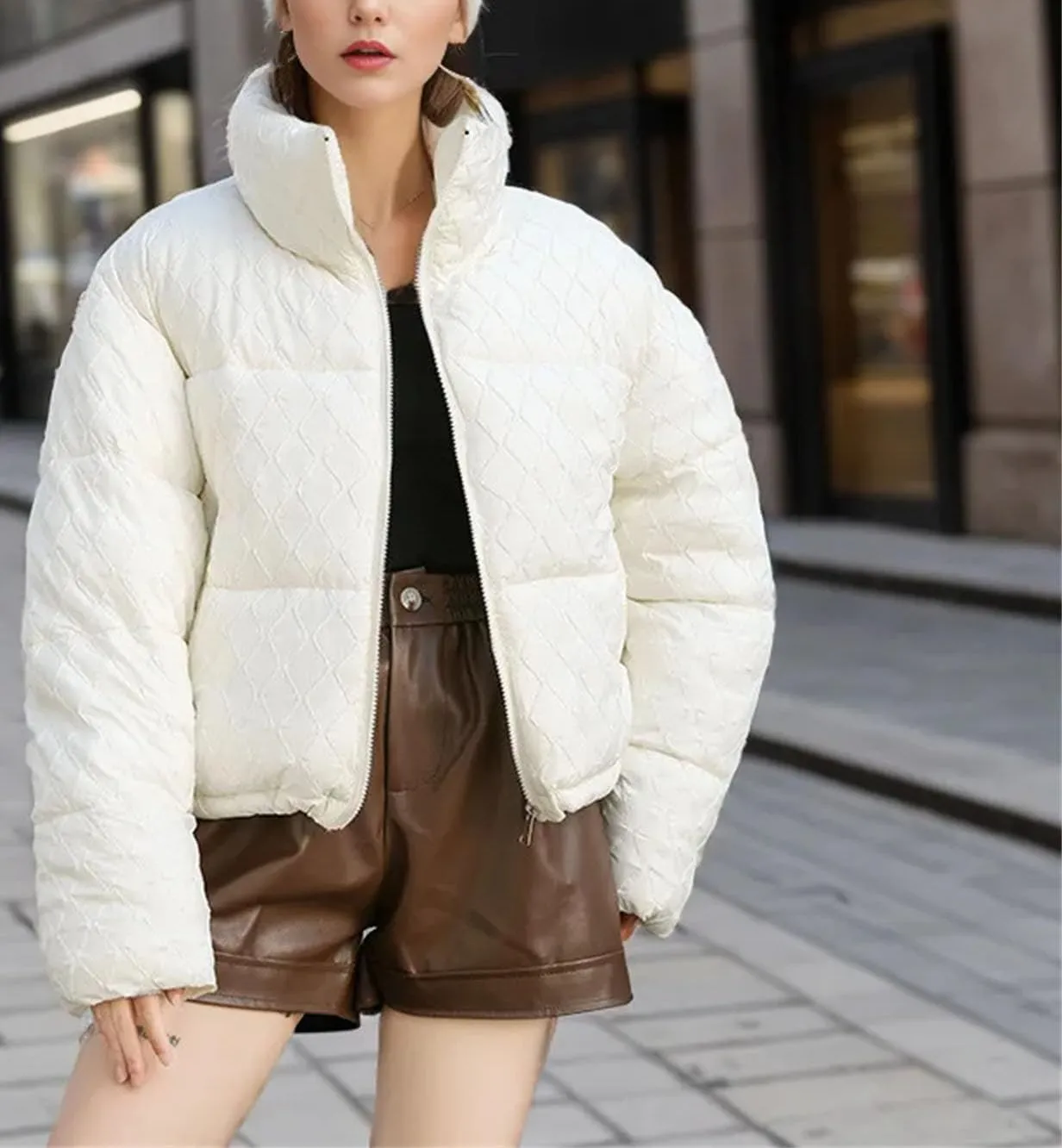 Women's Zipper Stripes Short Parkas Coats Vintage Stand Collar Quilting Cotton-Padded Jacket
