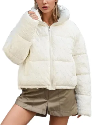 Women's Zipper Stripes Short Parkas Coats Vintage Stand Collar Quilting Cotton-Padded Jacket