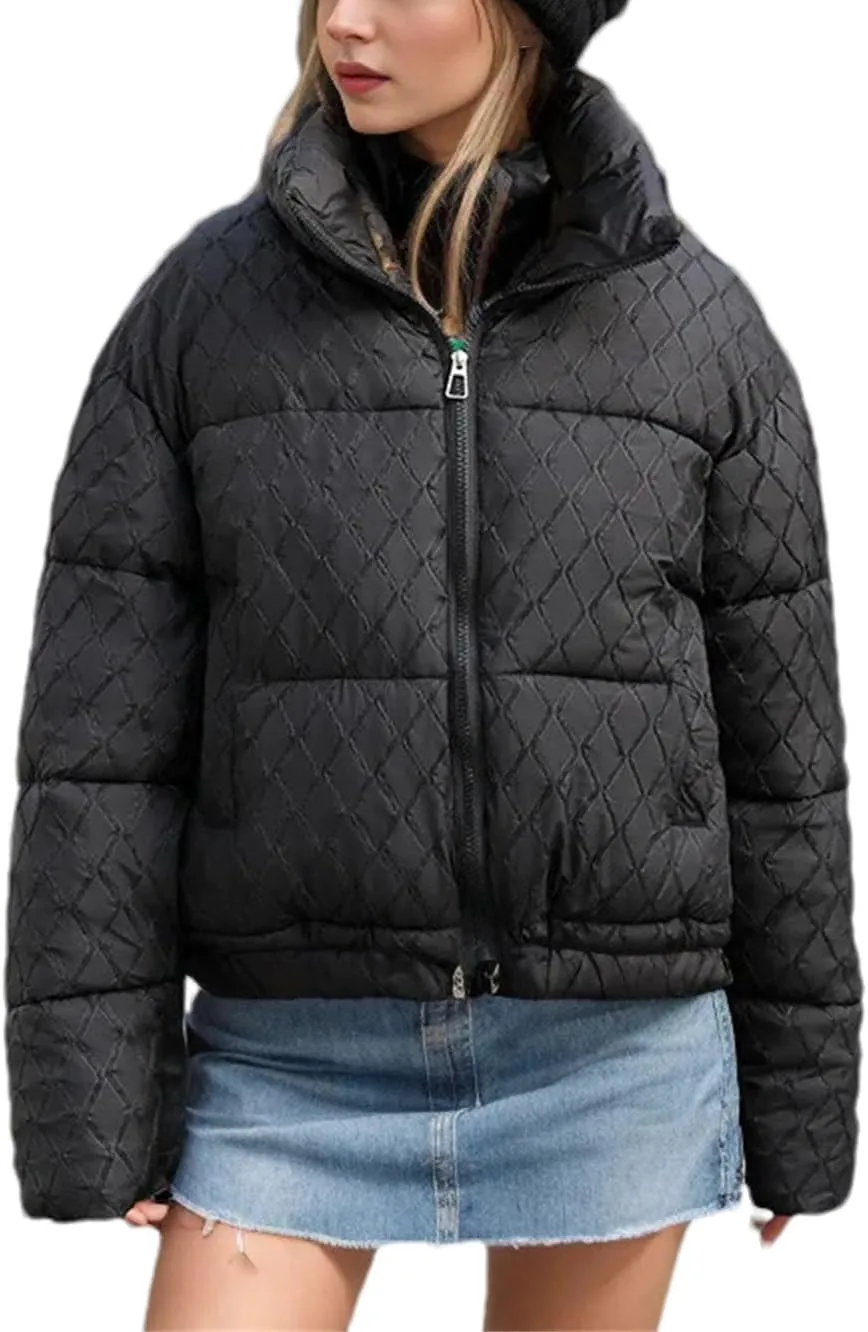 Women's Zipper Stripes Short Parkas Coats Vintage Stand Collar Quilting Cotton-Padded Jacket