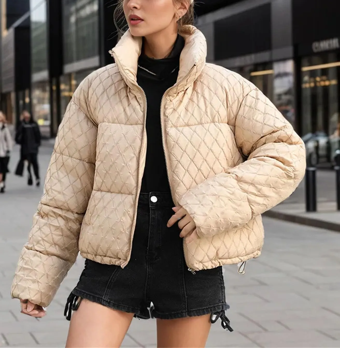 Women's Zipper Stripes Short Parkas Coats Vintage Stand Collar Quilting Cotton-Padded Jacket
