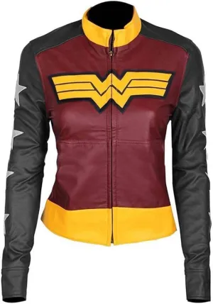 Wonder Woman Leather Jacket, Maroon and Yellow, Stars Design, Zip Front