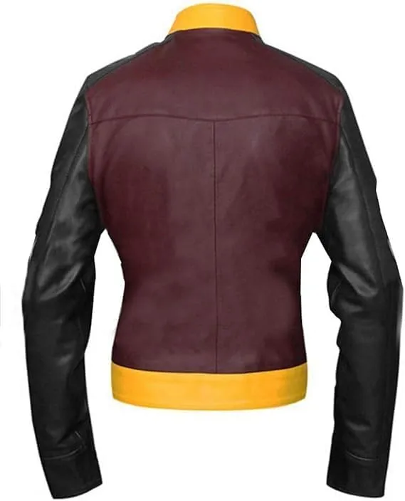 Wonder Woman Leather Jacket, Maroon and Yellow, Stars Design, Zip Front