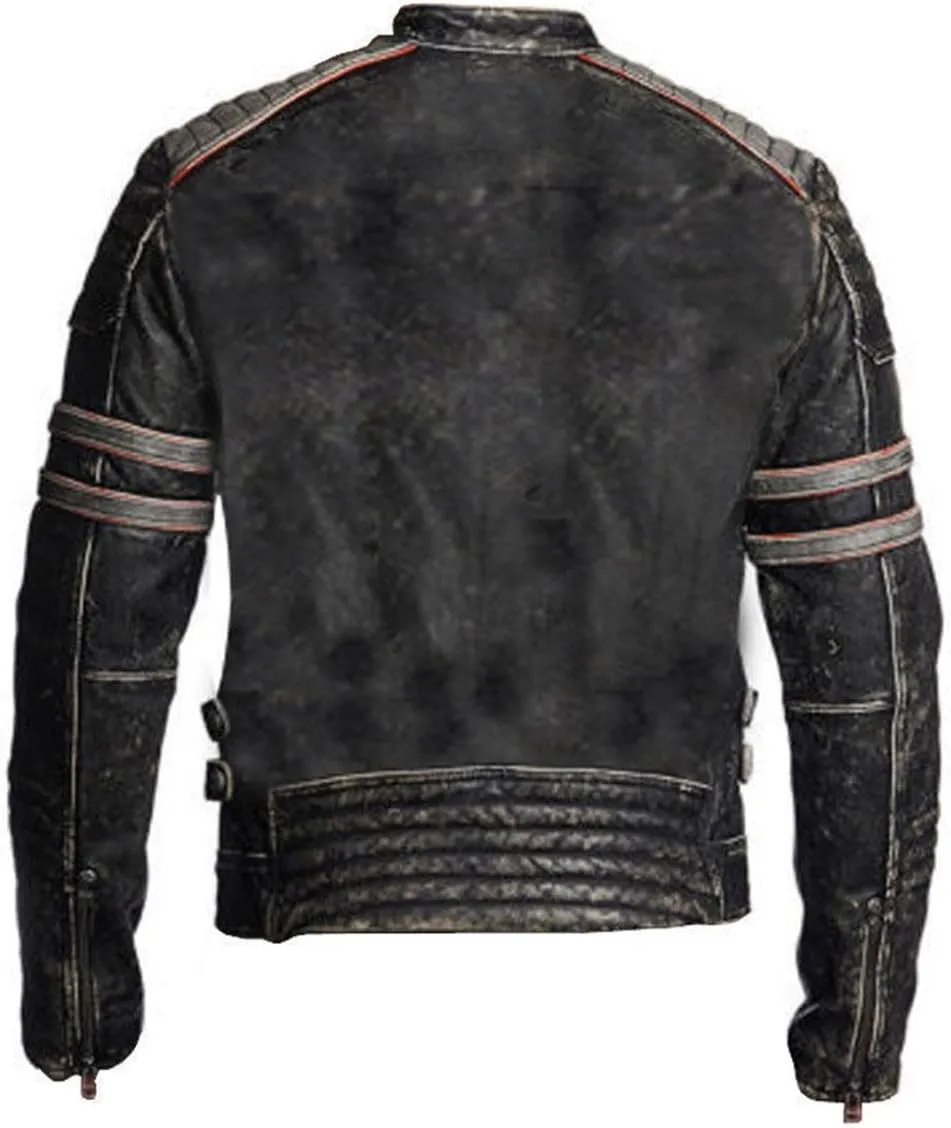 X-ception Men's Cafe Racer Retro Biker Vintage Motorbike Distressed Black Jakcet - Motorcycle Leather Jacket
