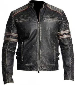 X-ception Men's Cafe Racer Retro Biker Vintage Motorbike Distressed Black Jakcet - Motorcycle Leather Jacket
