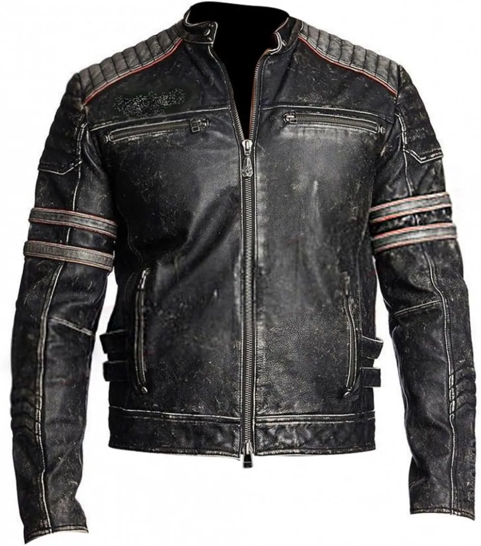 X-ception Men's Cafe Racer Retro Biker Vintage Motorbike Distressed Black Jakcet - Motorcycle Leather Jacket