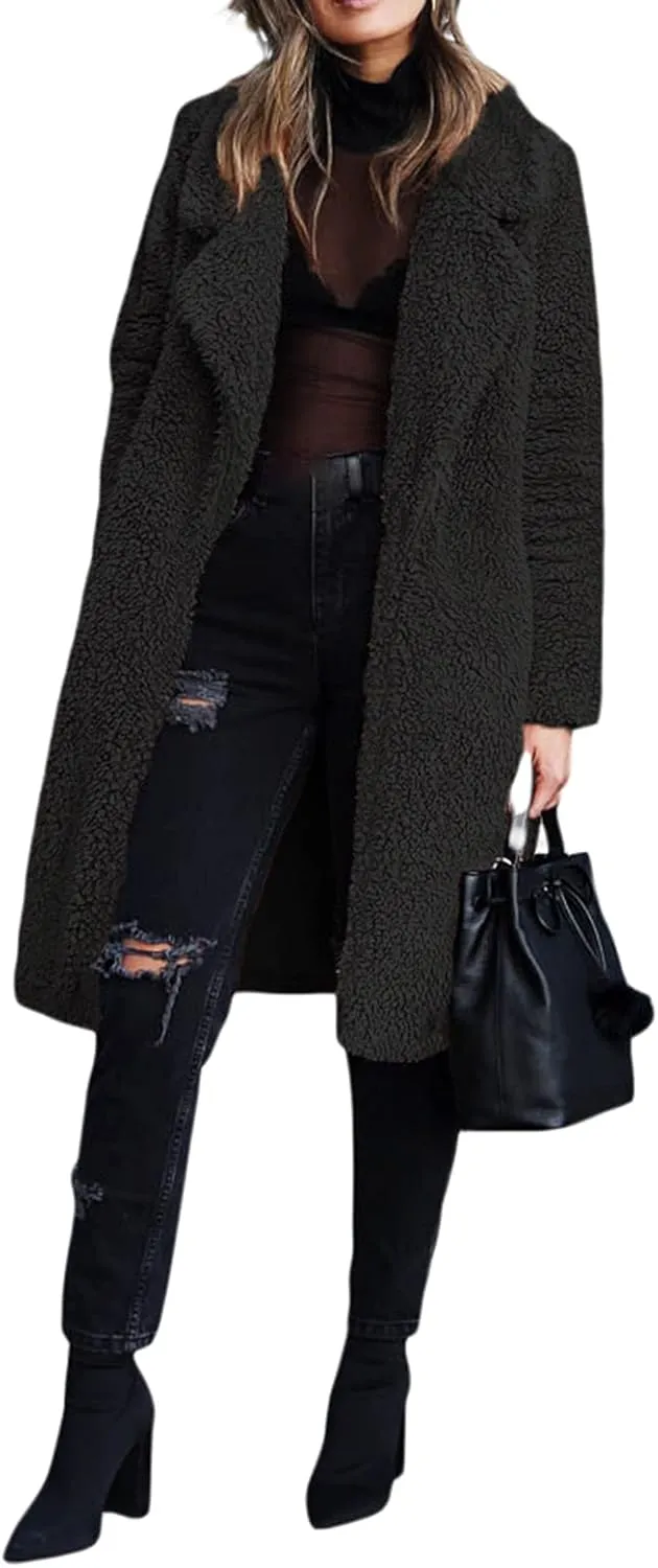 XBTCLXEBCO Fuzzy Fleece Long Trench Coats for Women Lapel Long Sleeve Open Front Cardigan Jacket Fall Winter Warm Outerwear