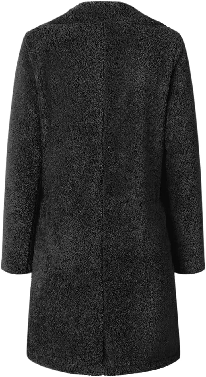 XBTCLXEBCO Fuzzy Fleece Long Trench Coats for Women Lapel Long Sleeve Open Front Cardigan Jacket Fall Winter Warm Outerwear