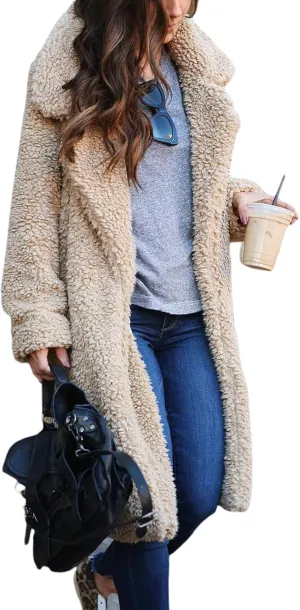 XBTCLXEBCO Fuzzy Fleece Long Trench Coats for Women Lapel Long Sleeve Open Front Cardigan Jacket Fall Winter Warm Outerwear