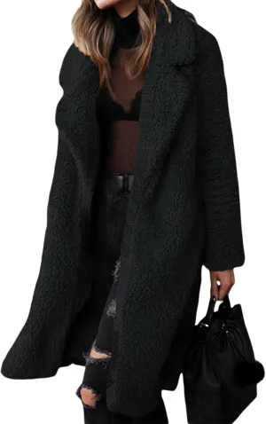 XBTCLXEBCO Fuzzy Fleece Long Trench Coats for Women Lapel Long Sleeve Open Front Cardigan Jacket Fall Winter Warm Outerwear