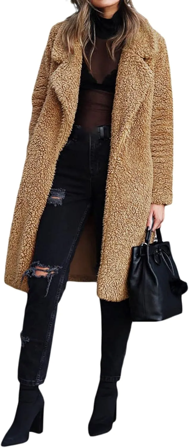 XBTCLXEBCO Fuzzy Fleece Long Trench Coats for Women Lapel Long Sleeve Open Front Cardigan Jacket Fall Winter Warm Outerwear