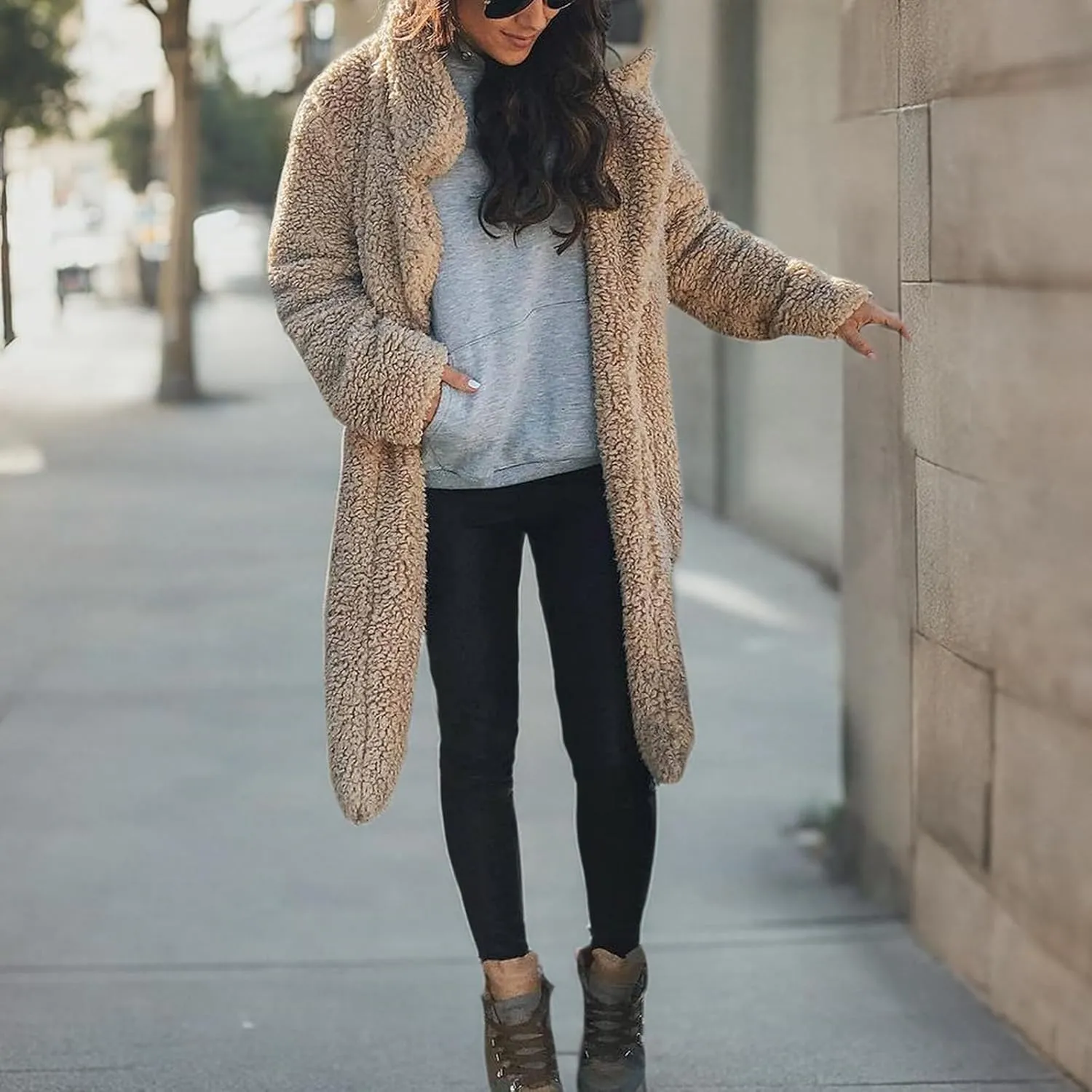 XBTCLXEBCO Fuzzy Fleece Long Trench Coats for Women Lapel Long Sleeve Open Front Cardigan Jacket Fall Winter Warm Outerwear
