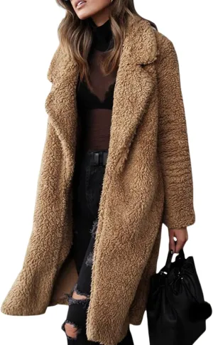 XBTCLXEBCO Fuzzy Fleece Long Trench Coats for Women Lapel Long Sleeve Open Front Cardigan Jacket Fall Winter Warm Outerwear