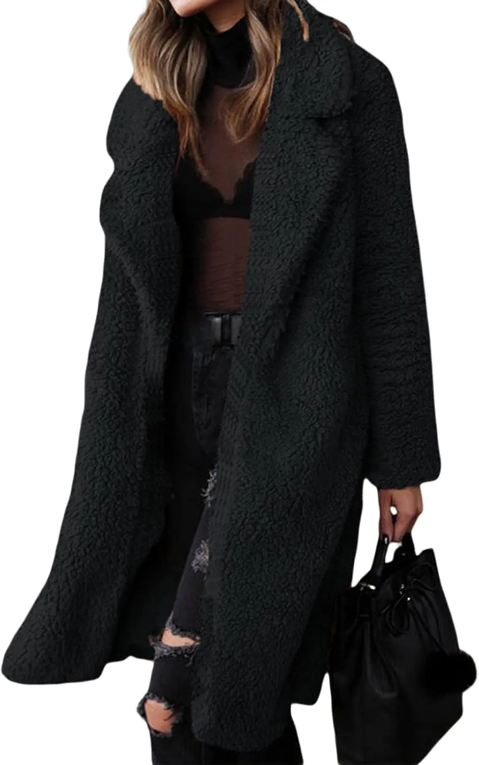 XBTCLXEBCO Fuzzy Fleece Long Trench Coats for Women Lapel Long Sleeve Open Front Cardigan Jacket Fall Winter Warm Outerwear