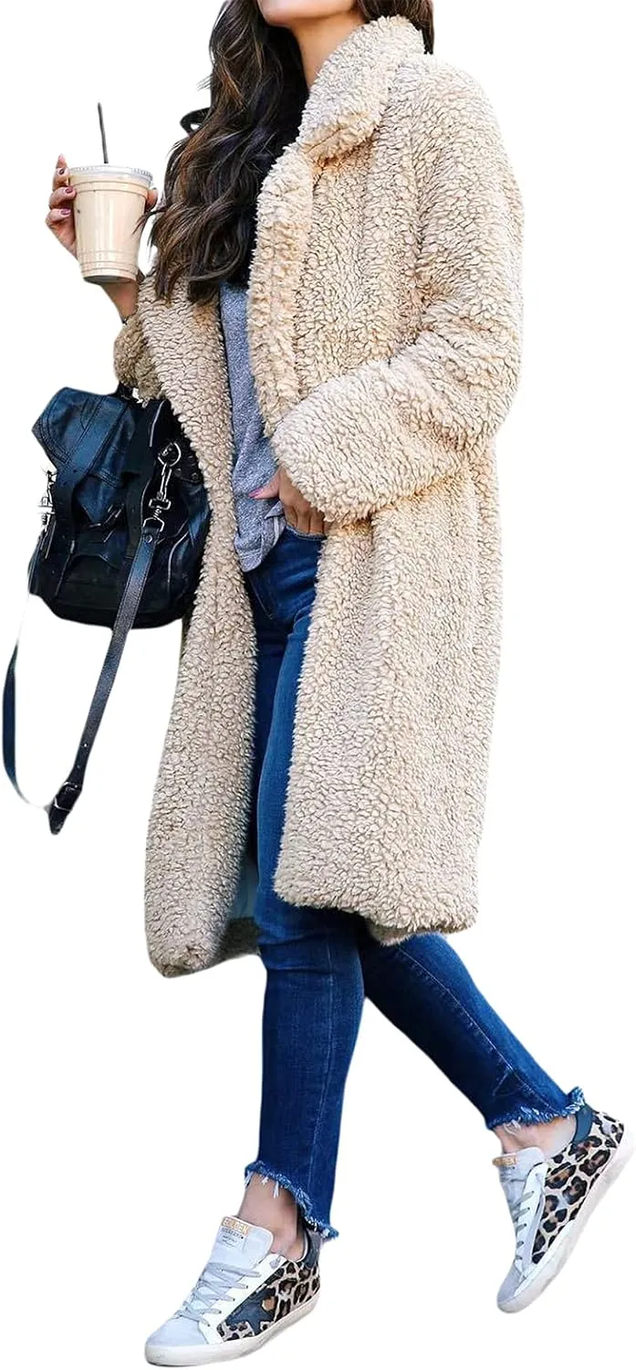 XBTCLXEBCO Fuzzy Fleece Long Trench Coats for Women Lapel Long Sleeve Open Front Cardigan Jacket Fall Winter Warm Outerwear