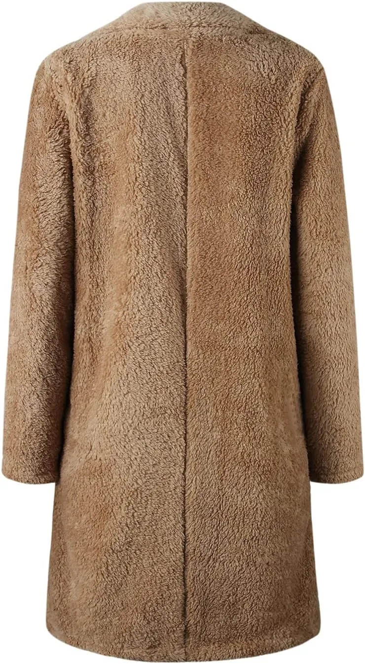 XBTCLXEBCO Fuzzy Fleece Long Trench Coats for Women Lapel Long Sleeve Open Front Cardigan Jacket Fall Winter Warm Outerwear