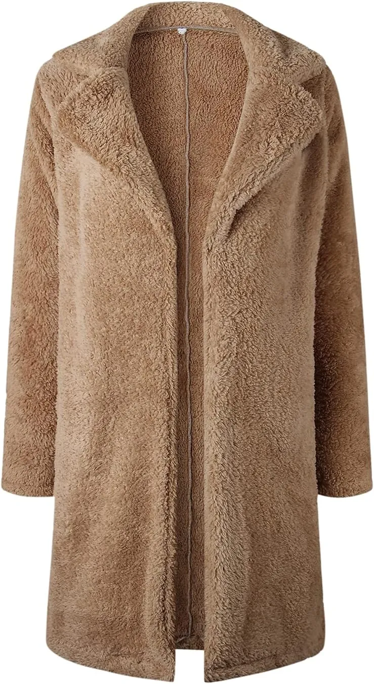 XBTCLXEBCO Fuzzy Fleece Long Trench Coats for Women Lapel Long Sleeve Open Front Cardigan Jacket Fall Winter Warm Outerwear