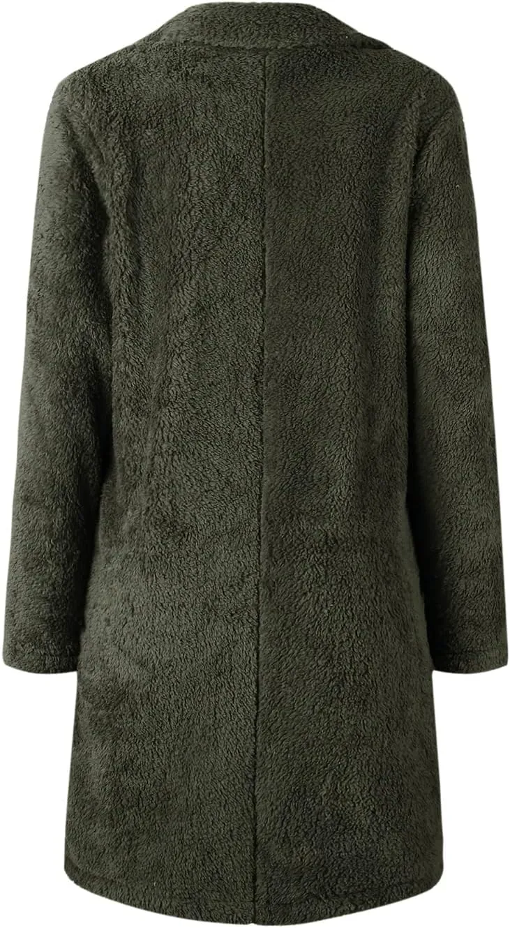 XBTCLXEBCO Fuzzy Fleece Long Trench Coats for Women Lapel Long Sleeve Open Front Cardigan Jacket Fall Winter Warm Outerwear