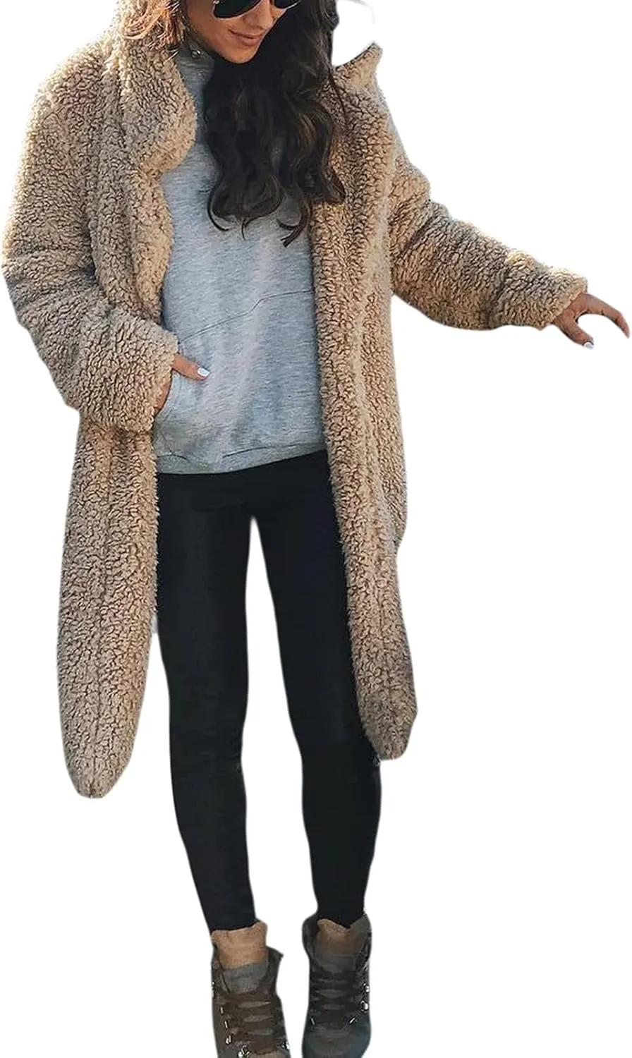 XBTCLXEBCO Fuzzy Fleece Long Trench Coats for Women Lapel Long Sleeve Open Front Cardigan Jacket Fall Winter Warm Outerwear
