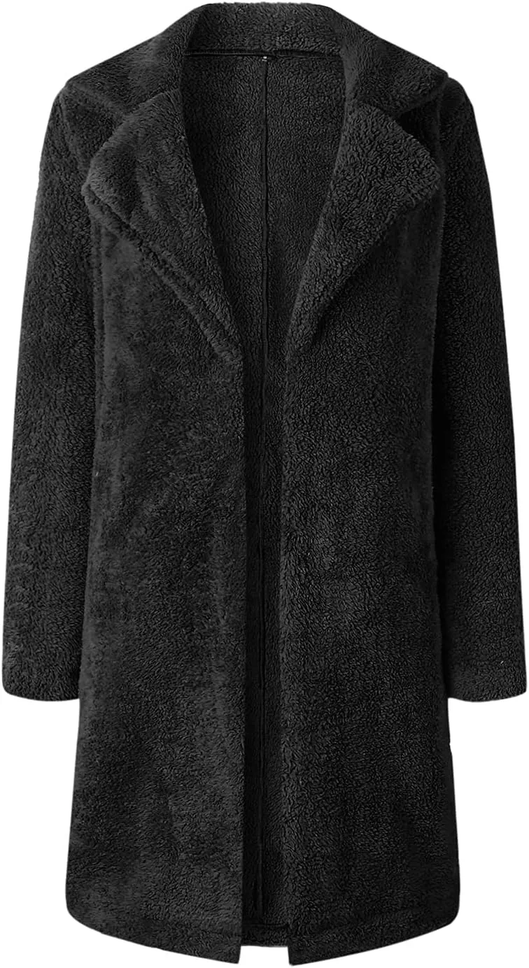 XBTCLXEBCO Fuzzy Fleece Long Trench Coats for Women Lapel Long Sleeve Open Front Cardigan Jacket Fall Winter Warm Outerwear