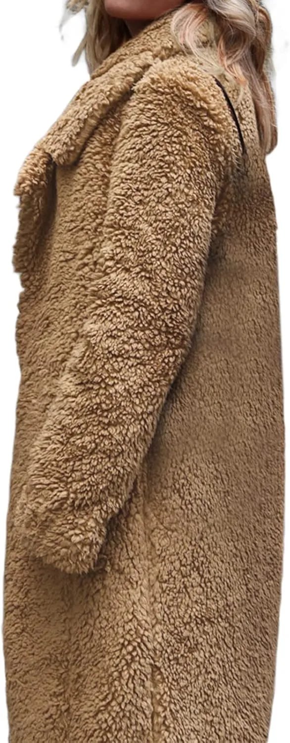 XBTCLXEBCO Fuzzy Fleece Long Trench Coats for Women Lapel Long Sleeve Open Front Cardigan Jacket Fall Winter Warm Outerwear