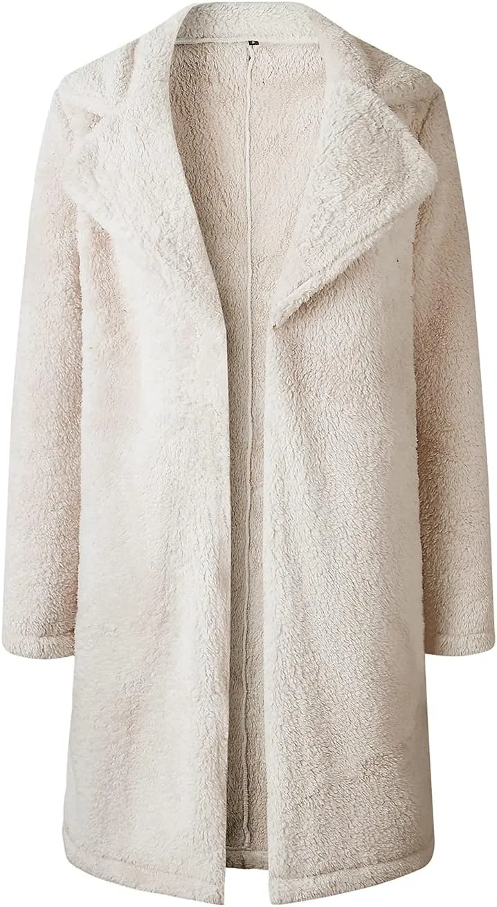 XBTCLXEBCO Fuzzy Fleece Long Trench Coats for Women Lapel Long Sleeve Open Front Cardigan Jacket Fall Winter Warm Outerwear