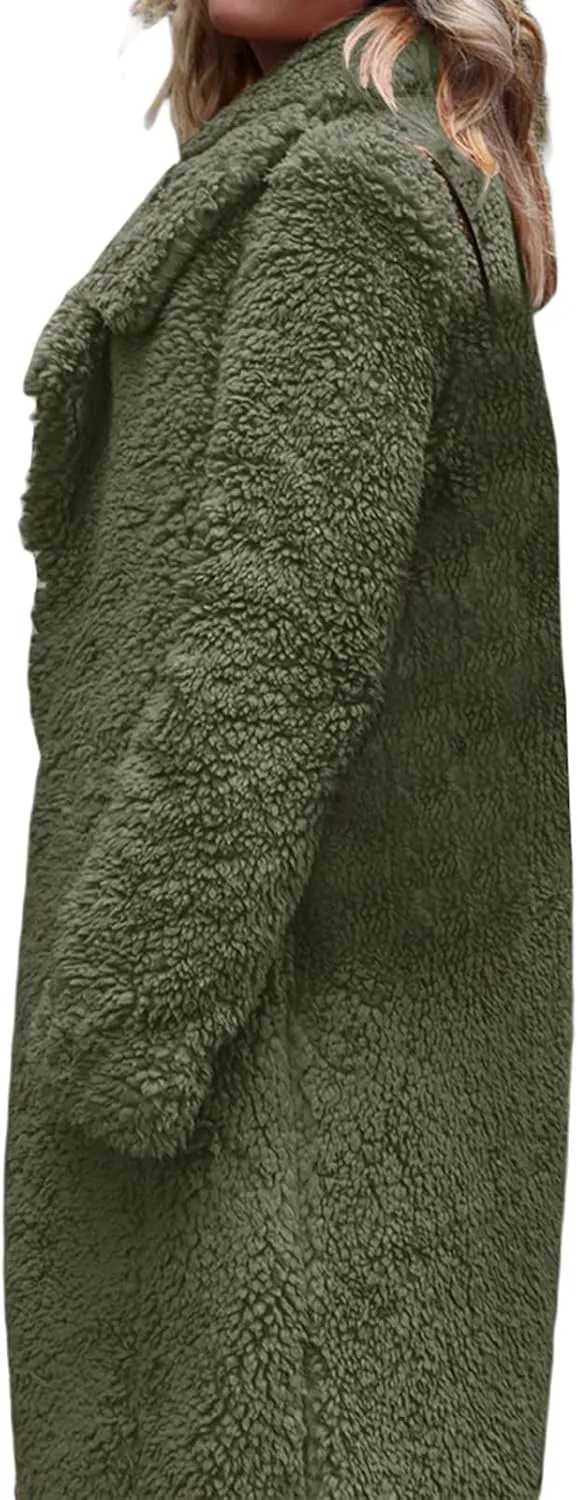XBTCLXEBCO Fuzzy Fleece Long Trench Coats for Women Lapel Long Sleeve Open Front Cardigan Jacket Fall Winter Warm Outerwear