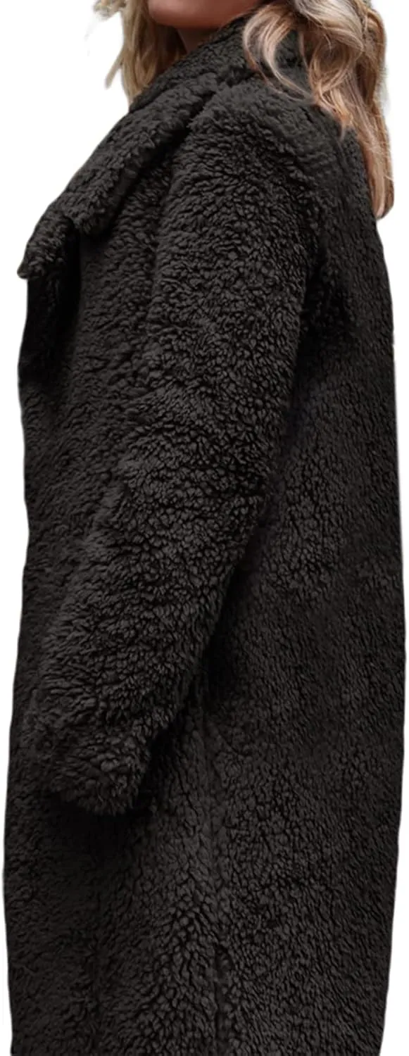 XBTCLXEBCO Fuzzy Fleece Long Trench Coats for Women Lapel Long Sleeve Open Front Cardigan Jacket Fall Winter Warm Outerwear