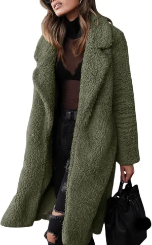XBTCLXEBCO Fuzzy Fleece Long Trench Coats for Women Lapel Long Sleeve Open Front Cardigan Jacket Fall Winter Warm Outerwear
