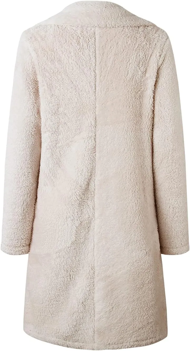 XBTCLXEBCO Fuzzy Fleece Long Trench Coats for Women Lapel Long Sleeve Open Front Cardigan Jacket Fall Winter Warm Outerwear