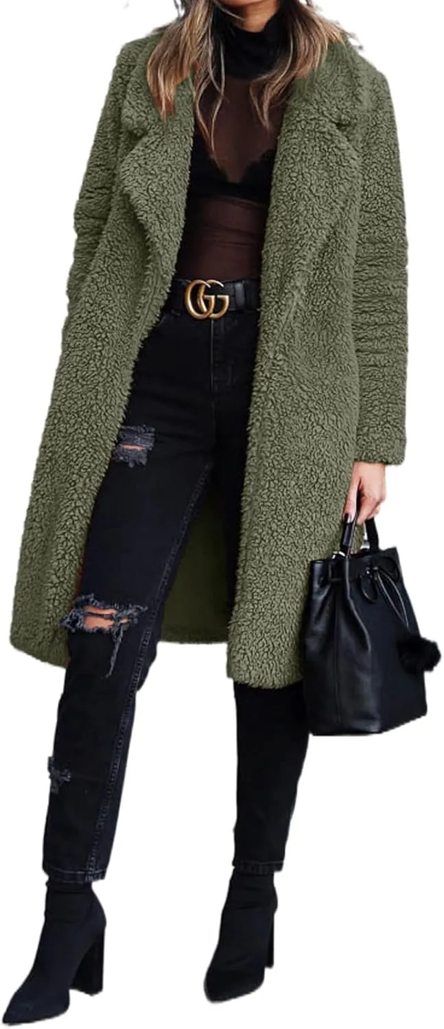 XBTCLXEBCO Fuzzy Fleece Long Trench Coats for Women Lapel Long Sleeve Open Front Cardigan Jacket Fall Winter Warm Outerwear