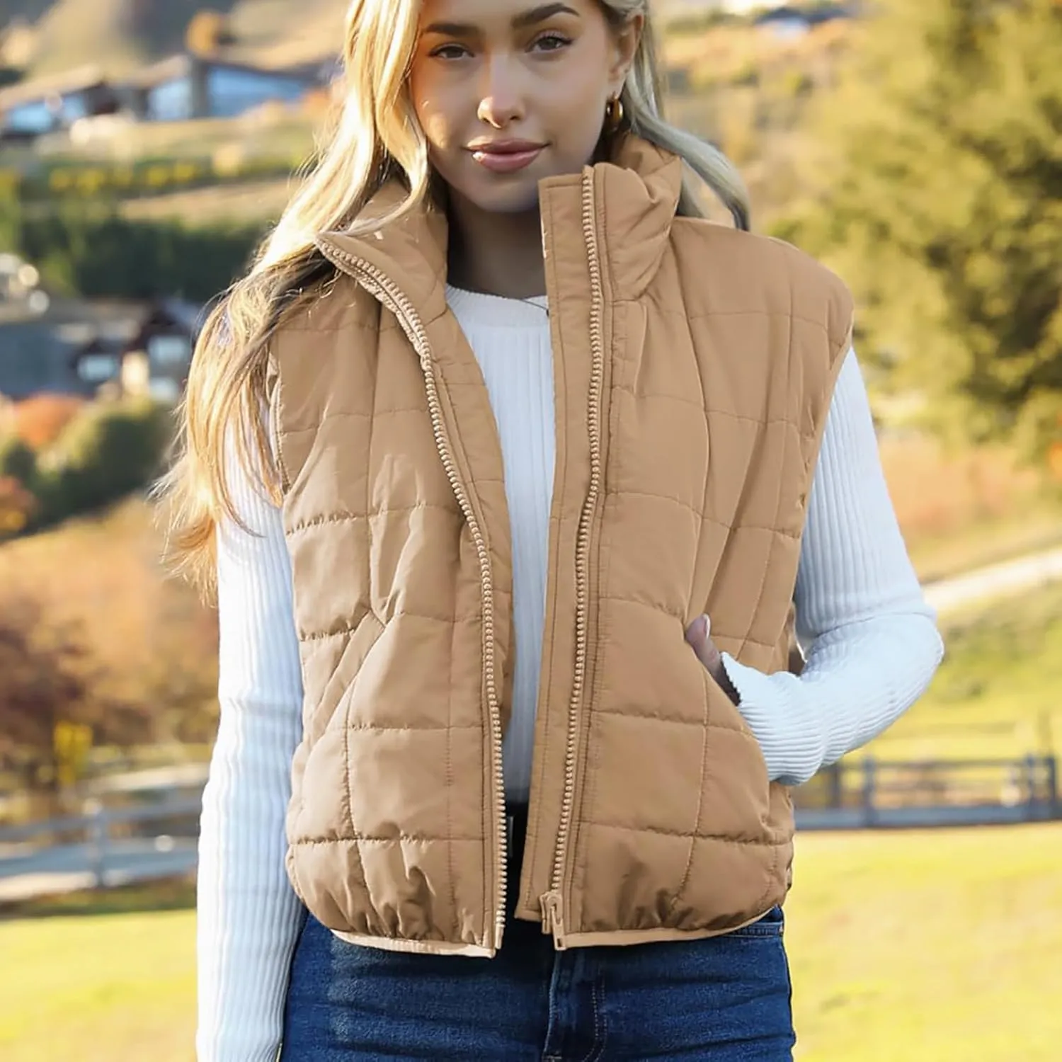 XUNRYAN Womens Puffer Vest Winter Warm Coats Quilted Lightweight Jacket Sleeveless Full Zip Cotton Outerwear Padded Gilet