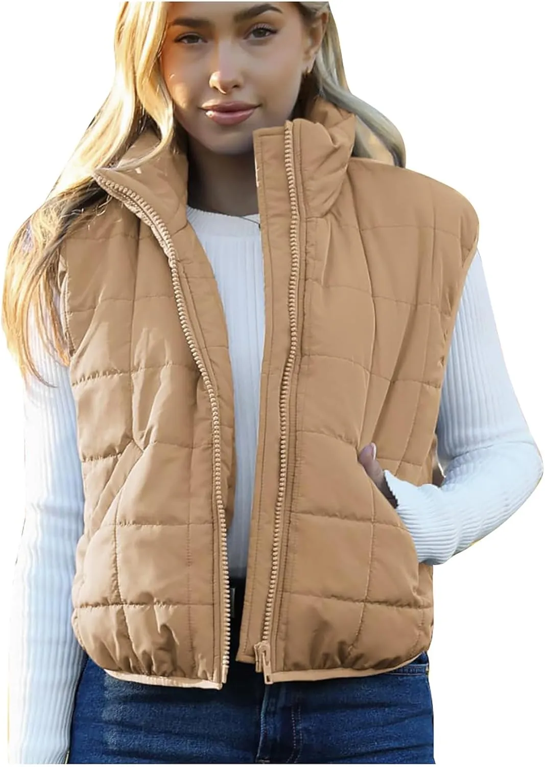 XUNRYAN Womens Puffer Vest Winter Warm Coats Quilted Lightweight Jacket Sleeveless Full Zip Cotton Outerwear Padded Gilet