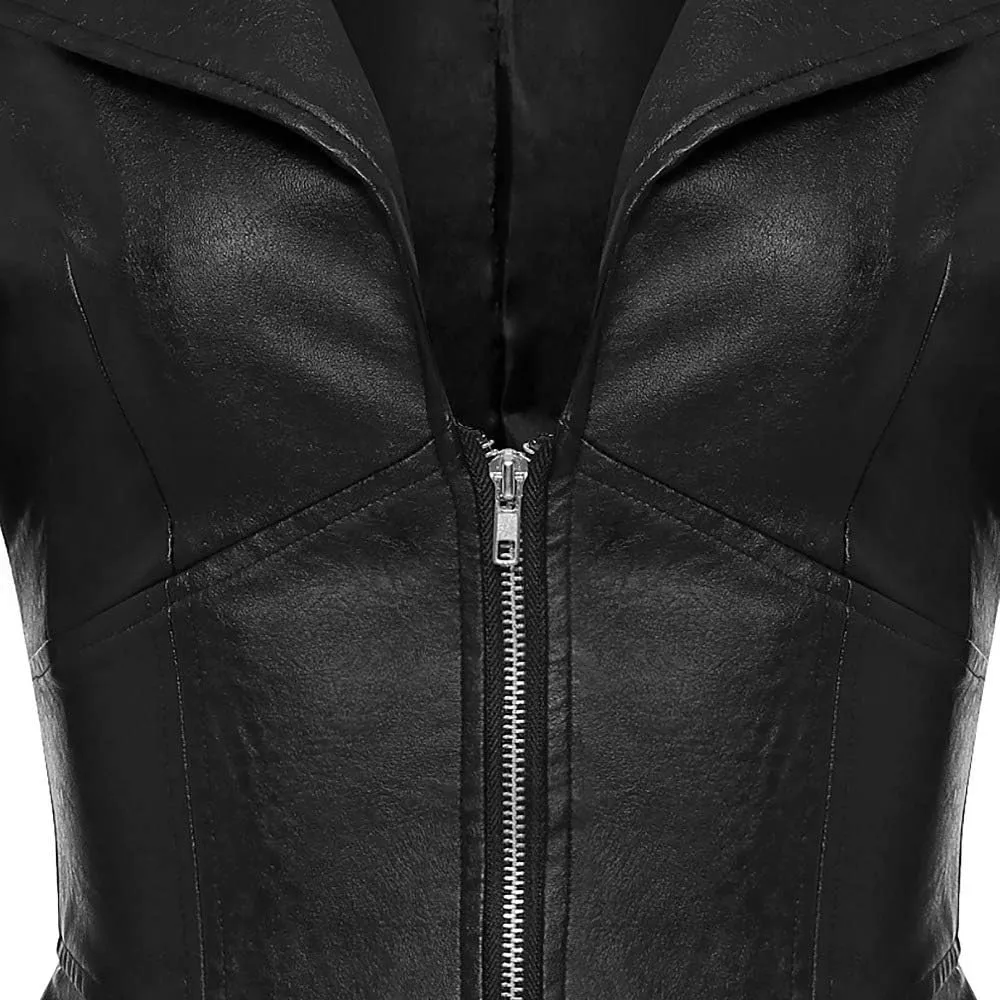 xxxiticat Women's Elegant Black Gothic Slim Motorcycle Windbreaker Goth Outerwear Zipper Up PU Faux Leather Jackets