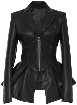 xxxiticat Women's Elegant Black Gothic Slim Motorcycle Windbreaker Goth Outerwear Zipper Up PU Faux Leather Jackets