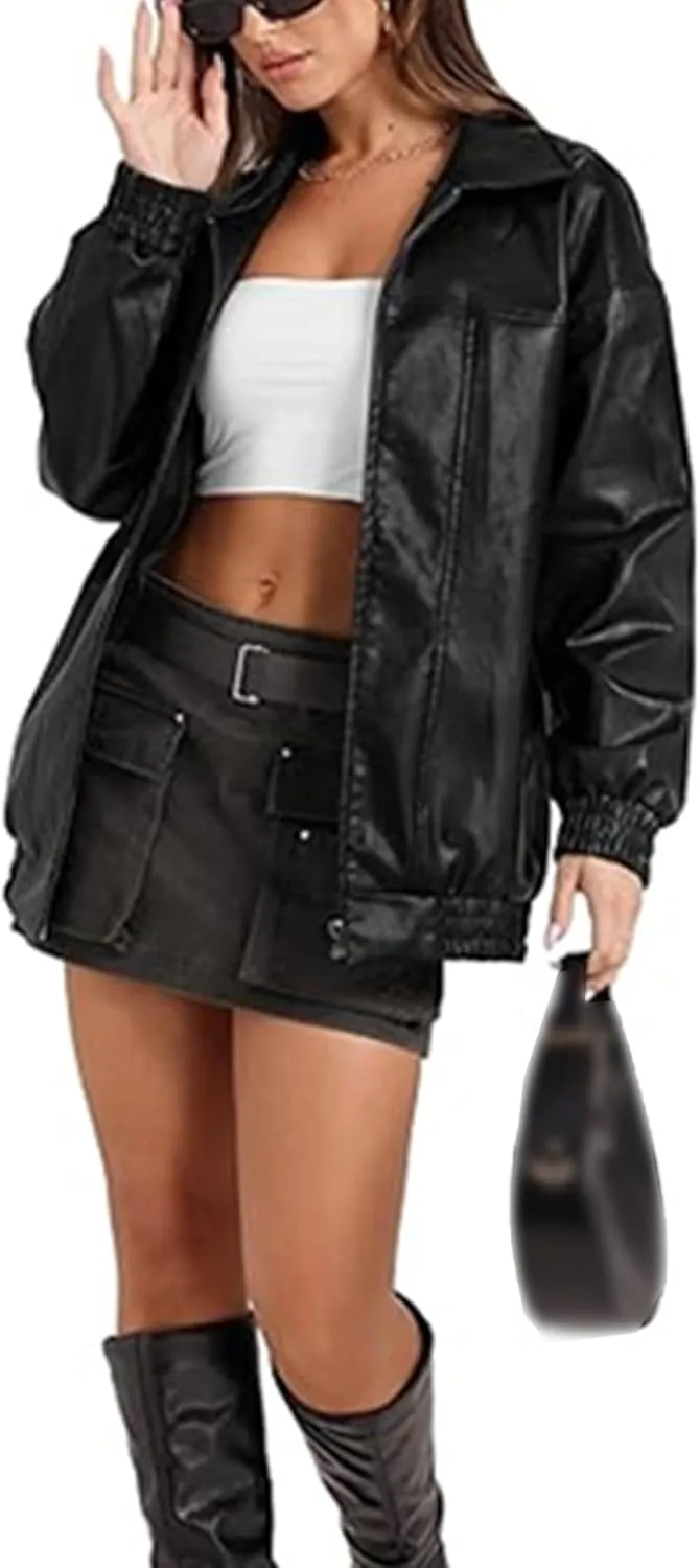 xxxiticat Women's PU Leather Jacket Long Sleeve Turn Down Collar Zipper Faux Leather Windbreaker Bomber Coat Outerwear