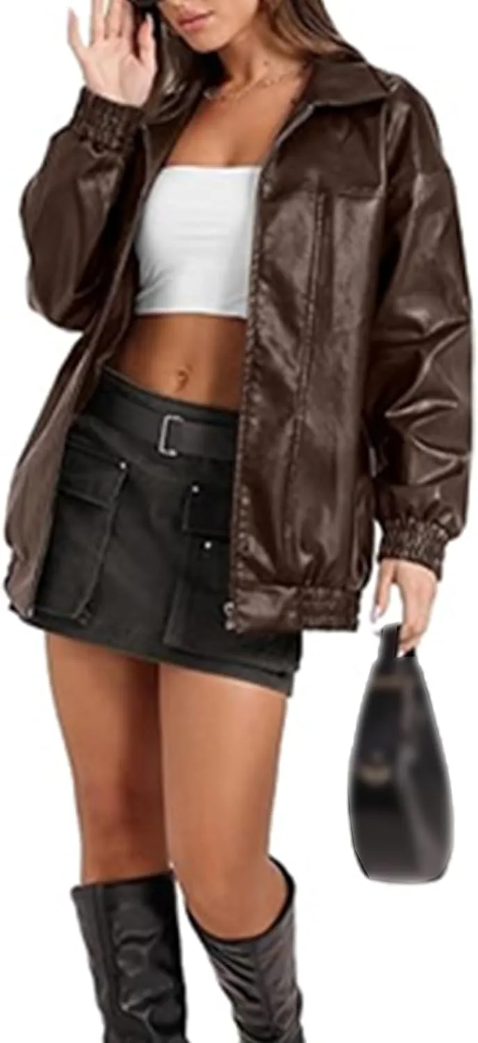 xxxiticat Women's PU Leather Jacket Long Sleeve Turn Down Collar Zipper Faux Leather Windbreaker Bomber Coat Outerwear