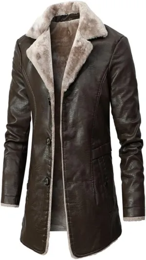 XYGJZ Men's Faux Leather Jacket Winter Warm Faux Fur Fleece Lined Motorcycle Trench Coat Jackets