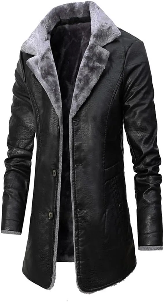 XYGJZ Men's Faux Leather Jacket Winter Warm Faux Fur Fleece Lined Motorcycle Trench Coat Jackets